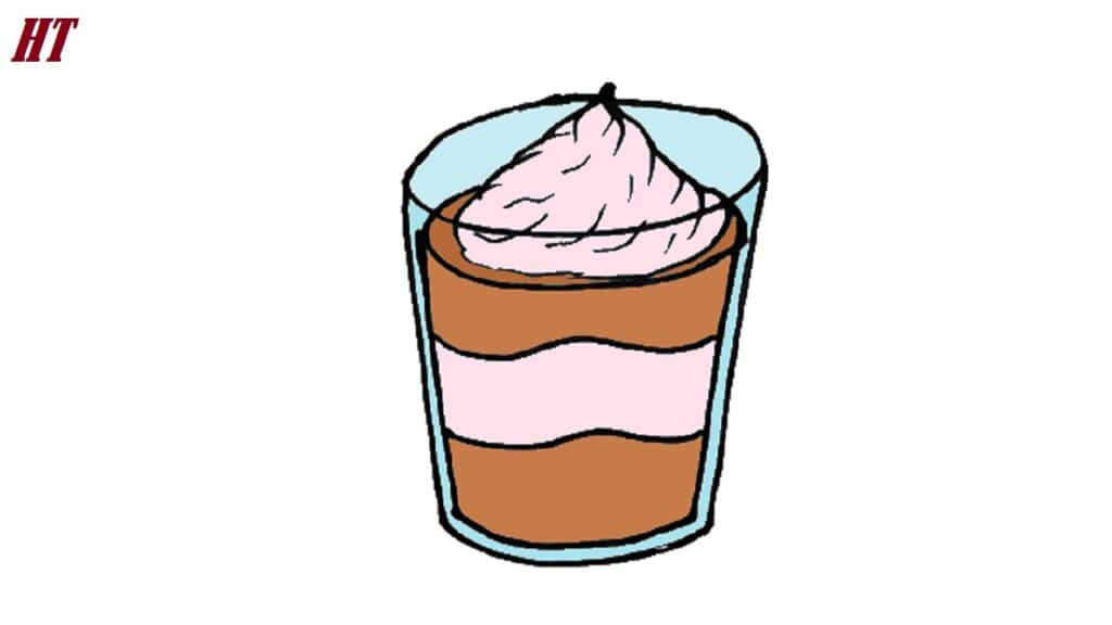Delicious layered dessert in a glass, easy step-by-step drawing tutorial for beginners, focuses on how to draw sweet treats with detailed layers of chocolate and cream, perfect for learning to draw desserts.