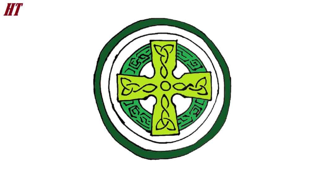 Celtic cross symbol with intricate knot designs in green and yellow, perfect for step-by-step drawing tutorials.