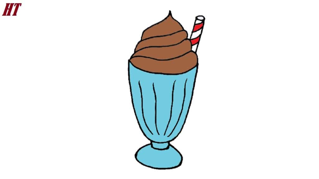 Chocolate milkshake drawing step-by-step, with a straw in a tall glass. Perfect tutorial for learning how to draw desserts in a simple, beginner-friendly way.