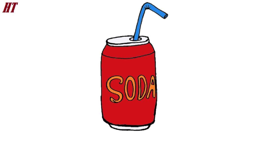 Soda can with straw, step-by-step drawing tutorial, cartoon soda drink illustration, how to draw soda can for beginners, simple soda can drawing guide.