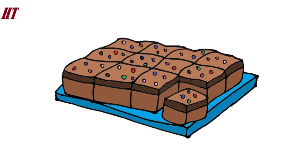 Colorful chocolate brownies with sprinkles on a blue tray, illustrated in a simple step-by-step drawing style for easy learning.