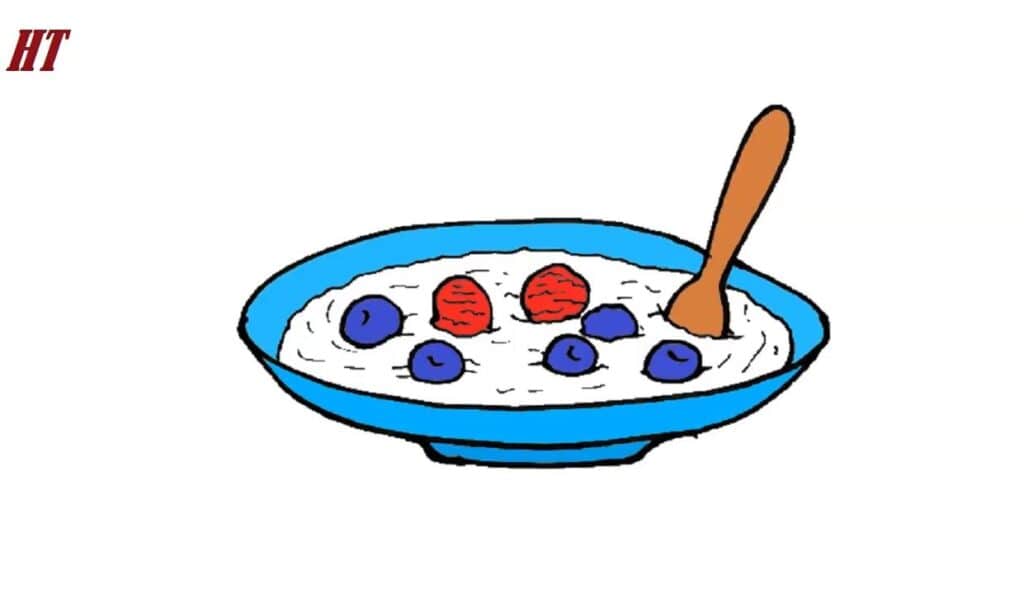 Blue bowl with yogurt, blueberries, and strawberries, hand-drawn illustration for how to draw step by step.