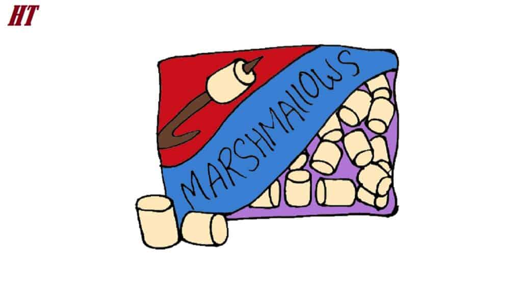 Colorful marshmallow candy illustration with step-by-step drawing guide, featuring a marshmallow pack with a blue label and a marshmallow on top. Ideal for learning how to draw marshmallows.