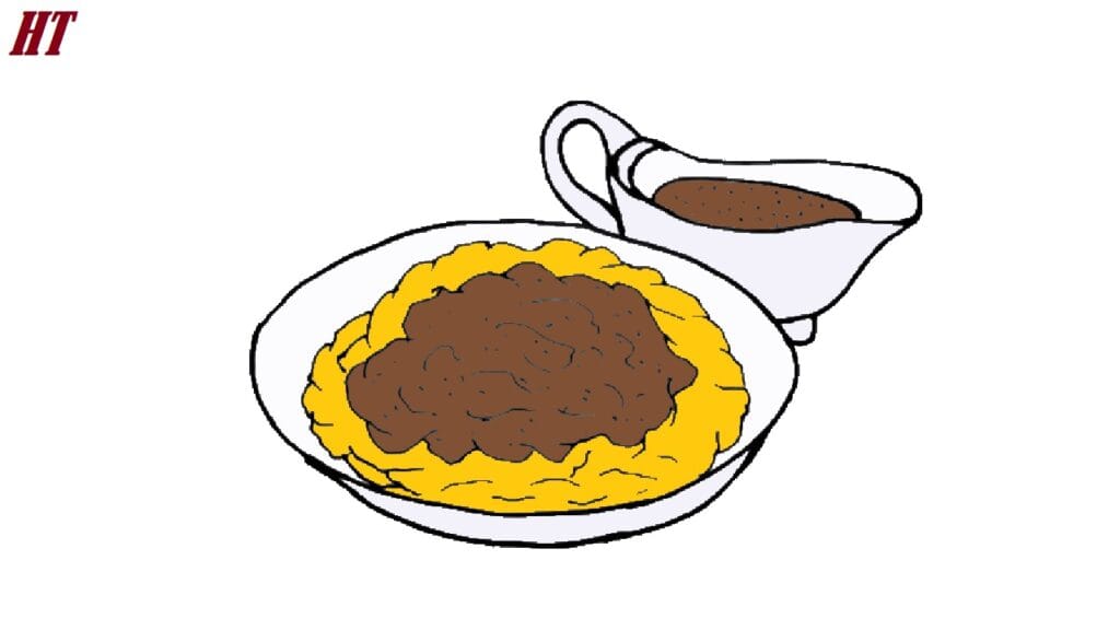 Rich beef stew over mashed potatoes with gravy and a side of brown gravy sauce. Perfect step-by-step guide on how to draw a realistic food plate. Ideal for learning to draw food items accurately.