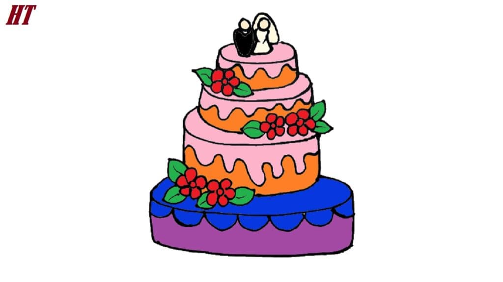 Colorful cartoon wedding cake with pink, orange, purple layers, red flowers, green leaves, and a bride and groom topper, illustrating how to draw step by step.