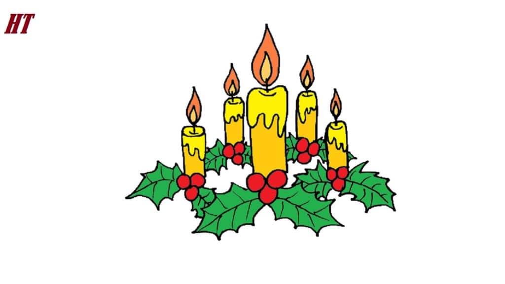 Vibrant colored illustration of a Christmas candle centerpiece with holly leaves and red berries, perfect for holiday decorating and step-by-step drawing tutorials.