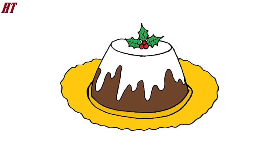 How to draw Christmas pudding step by step, holiday dessert illustration, festive holiday drawing guide, holiday dessert coloring page, Christmas pudding drawing tutorial.