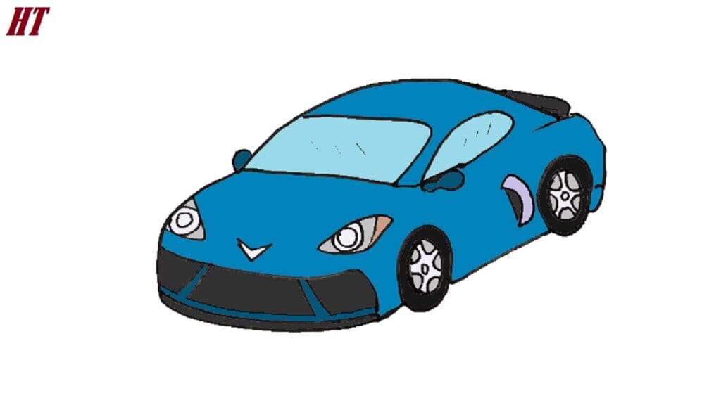 Blue sports car illustration for drawing step-by-step tutorial.