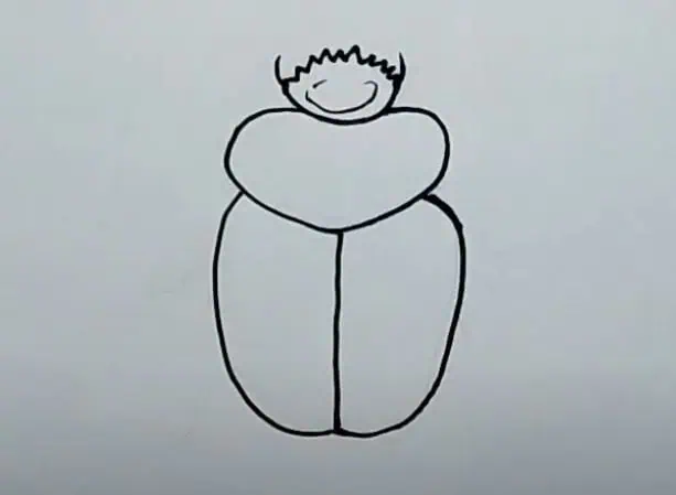 Simple step-by-step drawing of a smiling person with spiky hair, demonstrating how to draw characters easily.