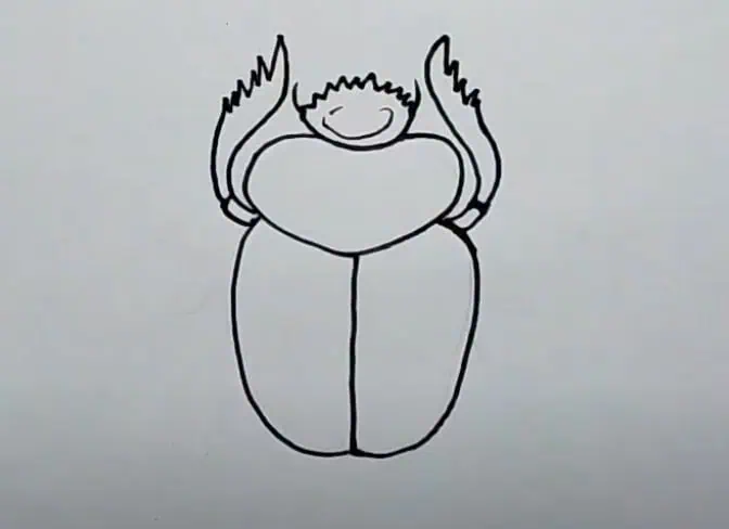 Drawings of a cartoon ladybug with wings and a smiling face, step-by-step guide for beginners.