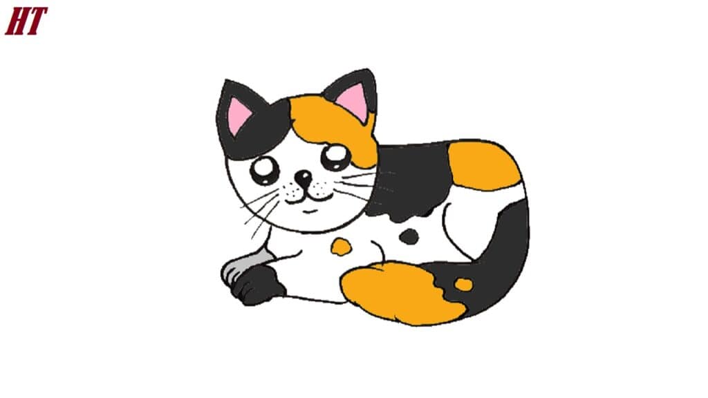 Colorful calico cat illustration for step-by-step drawing tutorial on how to draw a cute cat. Perfect for beginners and art enthusiasts learning to draw animals.