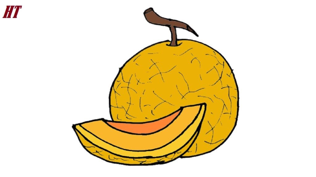 Vivid cartoon drawing of a happy orange with a stem, showing a smiling face and a slice cut out, illustrating step-by-step drawing tutorial for fruit drawing.