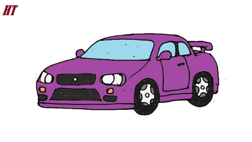 Purple sports car drawing tutorial for beginners, step-by-step guide to learn how to draw cars easily. Focuses on simple steps and techniques for drawing a car.