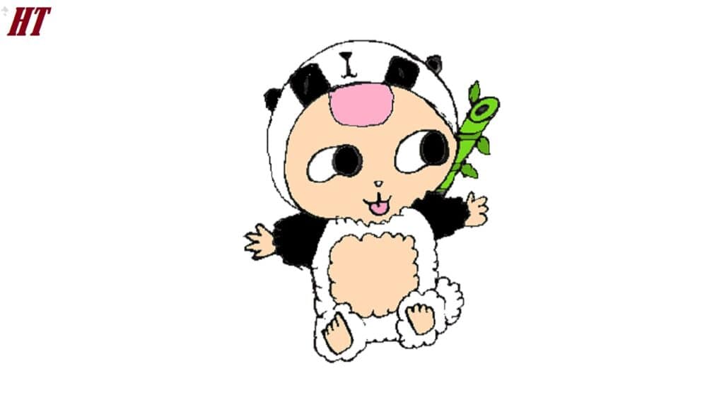 Cute cartoon baby character dressed as a panda holding a bamboo shoot, perfect for step-by-step drawing tutorials and children's coloring pages.