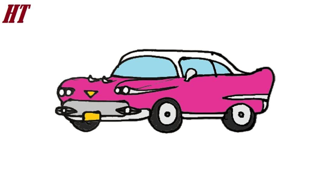 Colorful cartoon car drawing step by step, focusing on how to sketch a fun and vibrant vehicle with simple lines and bright colors. Ideal for beginners learning to draw cars easily.