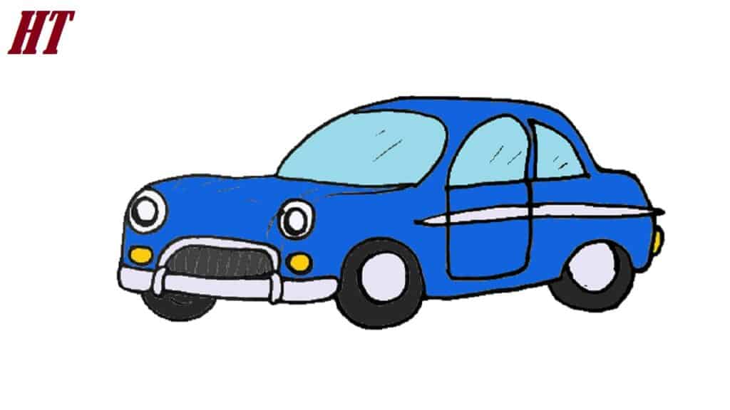 Colorful cartoon drawing of a classic blue car, illustrating step-by-step guide on how to draw cars easily. Perfect for beginners learning to sketch vehicle illustrations.