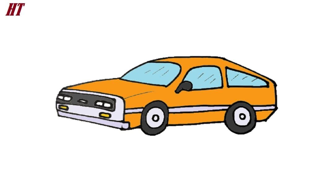 Colorful cartoon drawing of a classic orange car, perfect for step-by-step drawing tutorials on how to draw cars.