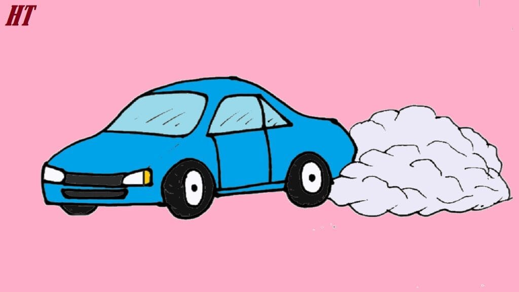 Blue cartoon car creating tire smoke in step-by-step drawing tutorial, with simple outlines and coloring, perfect for beginners.