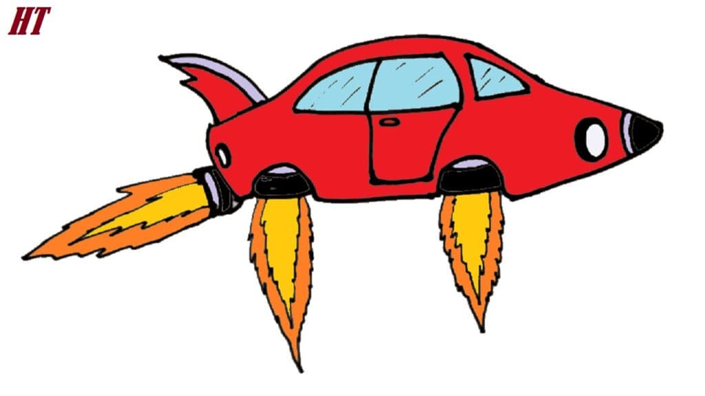 A cartoon-style drawing of a red car with rocket thrusters and flames coming out of the bottom, illustrating a fun and imaginative way to learn how to draw step by step.