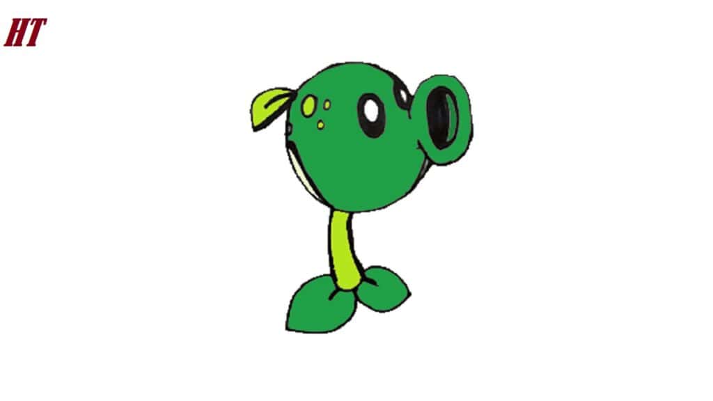 Colorful cartoon plant character with a large green head and black eye, standing on two green feet, part of a step-by-step drawing tutorial.