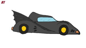 Black Batmobile cartoon drawing step by step tutorial.