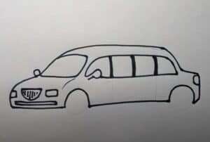 Simple line drawing of a station wagon vehicle, illustrating step-by-step car sketching process for beginners. Perfect for learning how to draw cars easily.