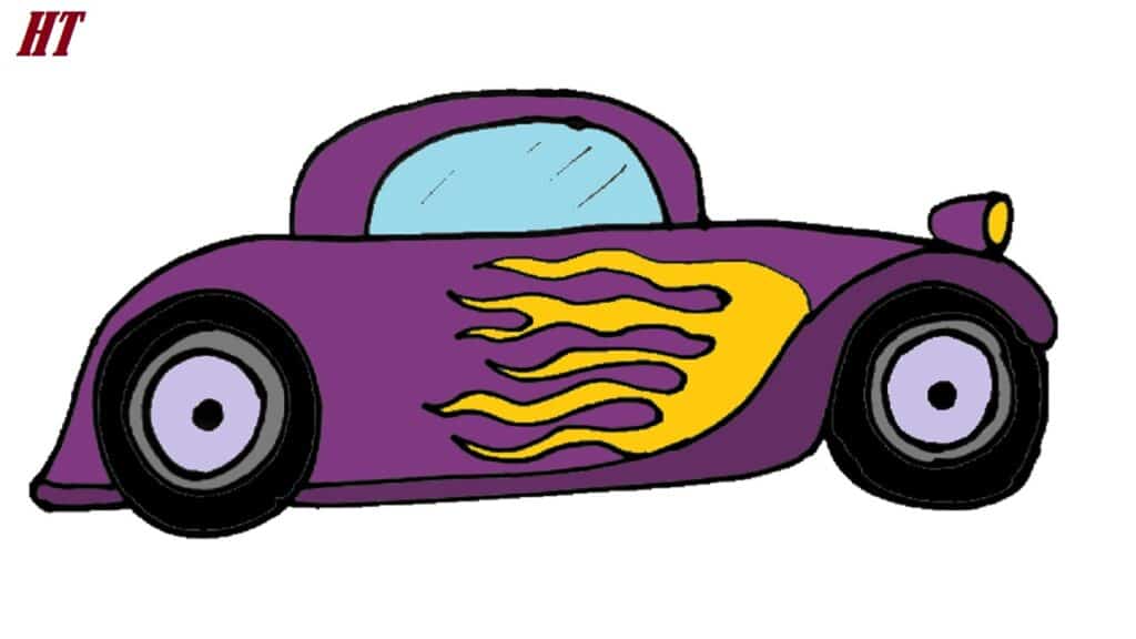 Purple race car with yellow flame decals, cartoon style, drawn step by step for beginners. Step-by-step guide on how to draw a cool sports car. Perfect for aspiring car artists.
