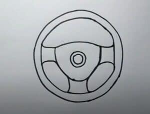 Outline of a steering wheel with detailed sections for step-by-step drawing tutorial.