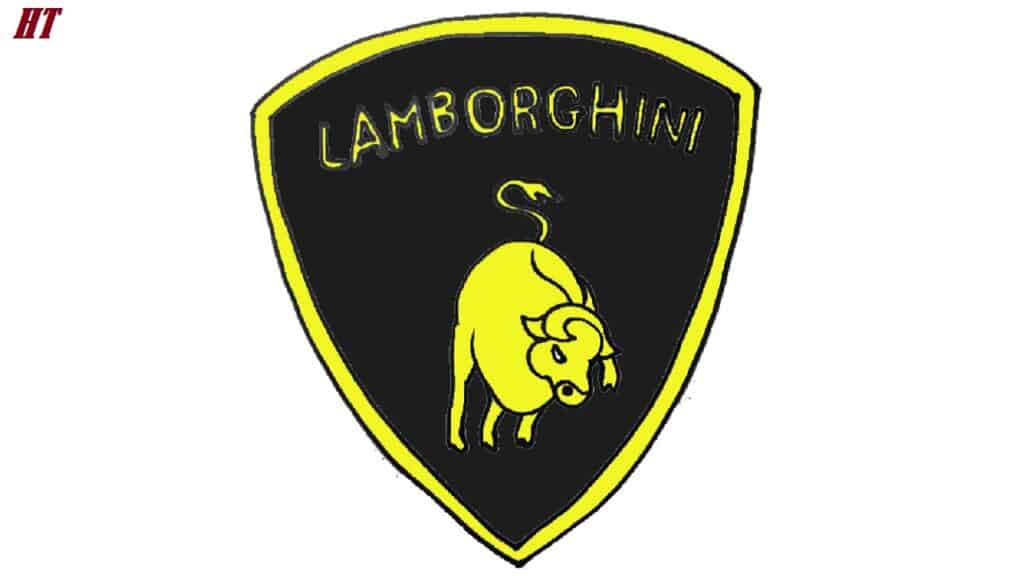 Lamborghini logo illustration with a yellow bull on a black shield background, showing step-by-step drawing instructions for creating a Lamborghini emblem.