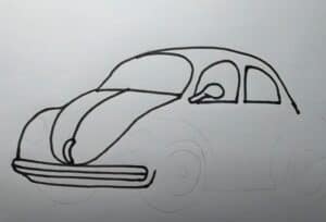 Draw car step by step tutorial, sketching outline of vintage vehicle illustration for beginners and artists.