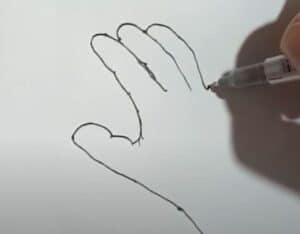 Simple step-by-step guide on how to draw a hand, demonstrating sketching techniques for beginners.
