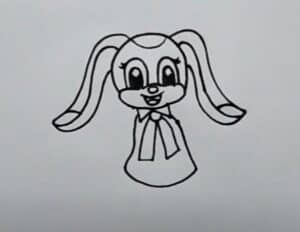 Drawing of a cute bunny character with long ears, step-by-step tutorial for beginners, how to draw cartoon animals, easy drawing guide from htdraw.com.