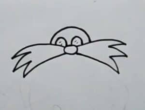 A simple step-by-step drawing tutorial of a cartoon character's face, focusing on beginner-friendly techniques for drawing eyes, nose, and mustache.