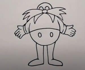 Charming cartoon character drawing steps, perfect for learn-to-draw tutorials and kids' art projects. Clear black-and-white outline of a fun, expressive figure with detailed features.