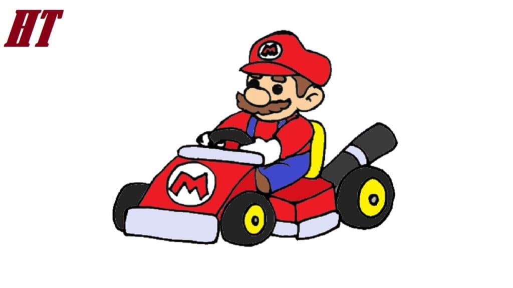 Mario drawing step-by-step, cartoon character from Super Mario Bros., illustration tutorial for kids and beginners.