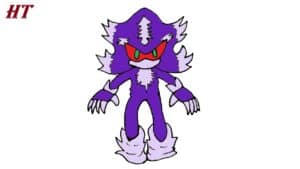 Vivid purple Sonic the Hedgehog character with red eyes and spiky fur, step-by-step drawing tutorial.