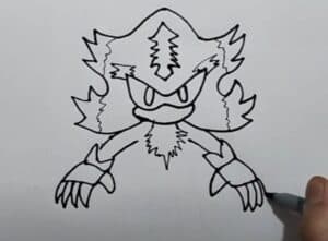 Black and white step-by-step drawing of Shadow the Hedgehog from Sonic, showcasing the drawing process for beginners.