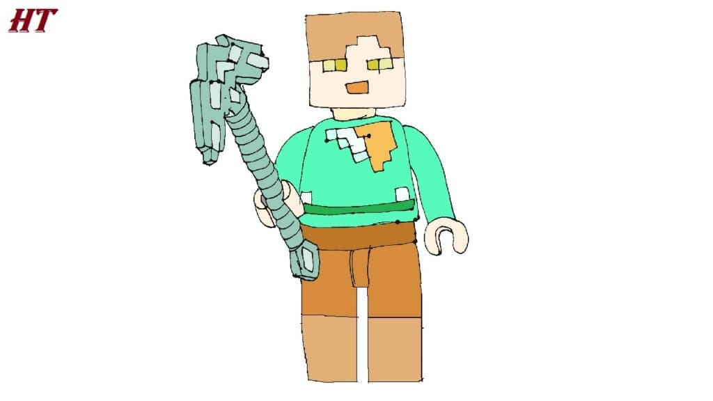 Cute blocky Minecraft-style character holding a pickaxe, illustrated with step-by-step drawing instructions, perfect for learning how to draw video game characters.