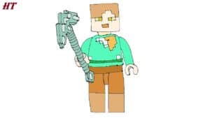 Cute blocky Minecraft-style character holding a pickaxe, illustrated with step-by-step drawing instructions, perfect for learning how to draw video game characters.