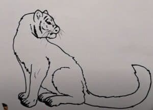 Drawing of a sitting tiger with detailed facial features and a curved tail, created step-by-step for learning how to draw animals easily.