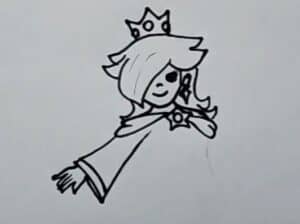 A simple black and white step-by-step drawing tutorial of Princess Peach from the popular game, ideal for beginners and art enthusiasts.