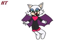 Colorful cartoon character of a bat with white fur, purple wings, and a pink heart on its chest, demonstrating how to draw step by step for beginners.