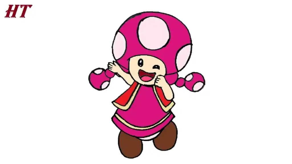 Pink mushroom character from super mario, cartoon style, step-by-step drawing guide, how to draw tutorial for kids, colorful illustration, stepwise art instructions, beginner drawing tips, cute cartoon mushroom, easy drawing process.