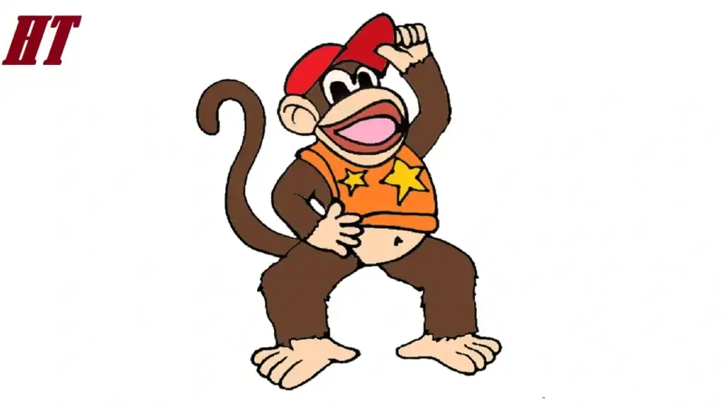 Colorful cartoon monkey character with a red cap and starry orange shirt, designed for drawing step-by-step tutorials.