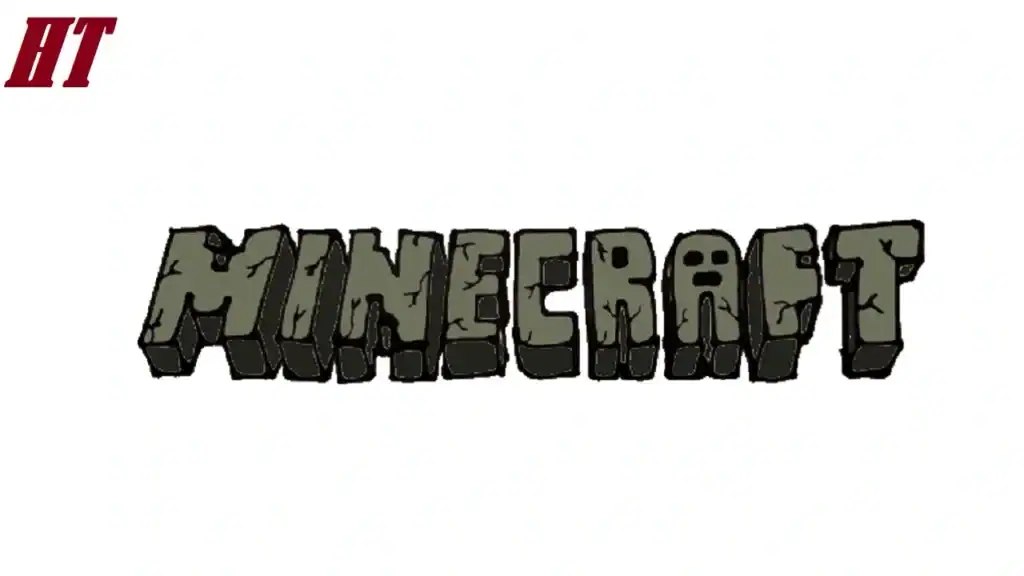 Detailed step-by-step guide on how to draw the word "Minecraft" in a blocky, cracked stone style for beginners.