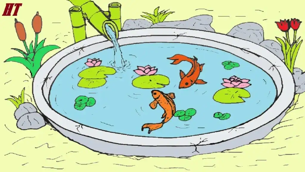 A simple guide on how to draw a fish pond with koi fish, lotus flowers, and aquatic plants, perfect for beginners and art enthusiasts.