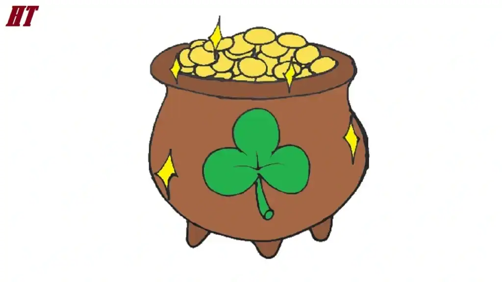 Step-by-step tutorial on how to draw a magical pot of gold with a four-leaf clover and sparkling gold coins, perfect for beginners and art enthusiasts.