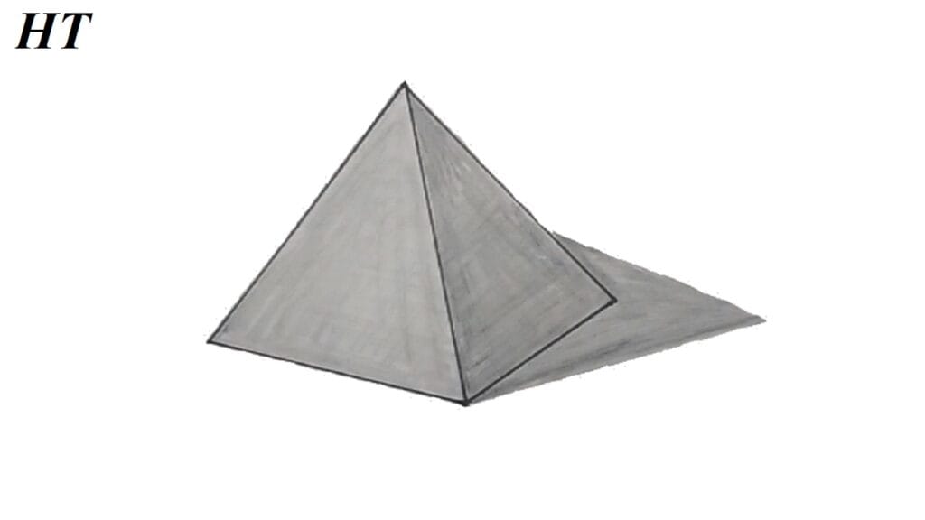 Detailed step-by-step guide to drawing a realistic 3D pyramid with pencil, perfect for artists and beginners learning how to create geometric shapes.