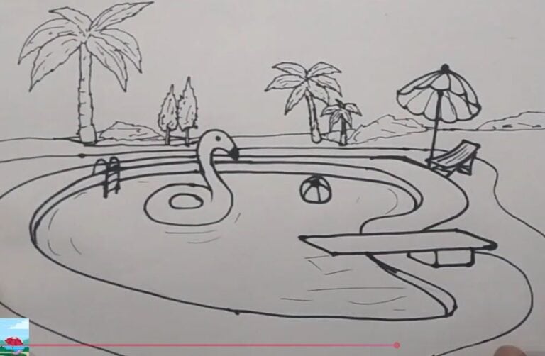 How to draw poolside scene - Pool and Beach Drawing