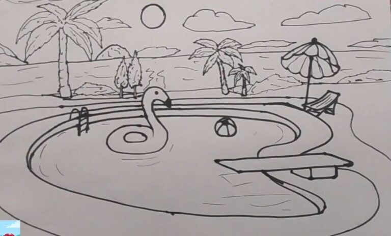 How to draw poolside scene - Pool and Beach Drawing
